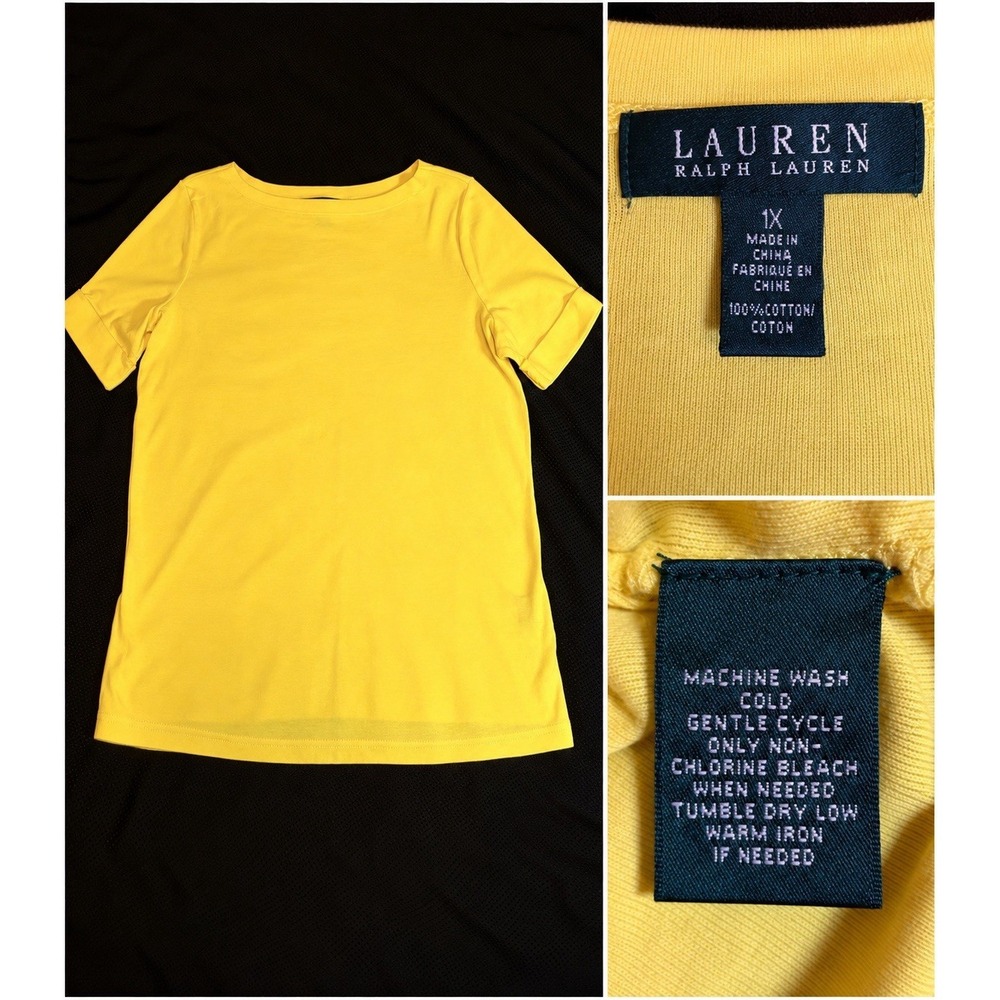 Lauren Ralph Lauren Butter Yellow T Shirt 1X 100% Cotton Short Cuff Slvs Boat Nk